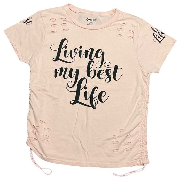 ON FIRE Women's Peach Graphic Cotton Top Living my best Life Side Ties Size XL - Picture 1 of 8